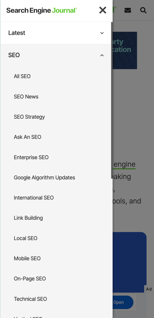 Search Engine Journal Mobile Navigation showing hierarchical structure which is easier to use on the mobile 